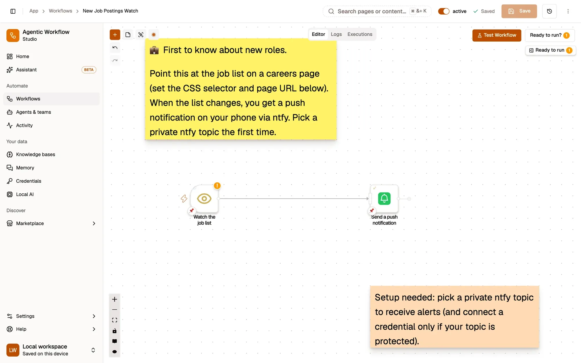 Step 3, close-up of the app: Workflow active switch, outlined.