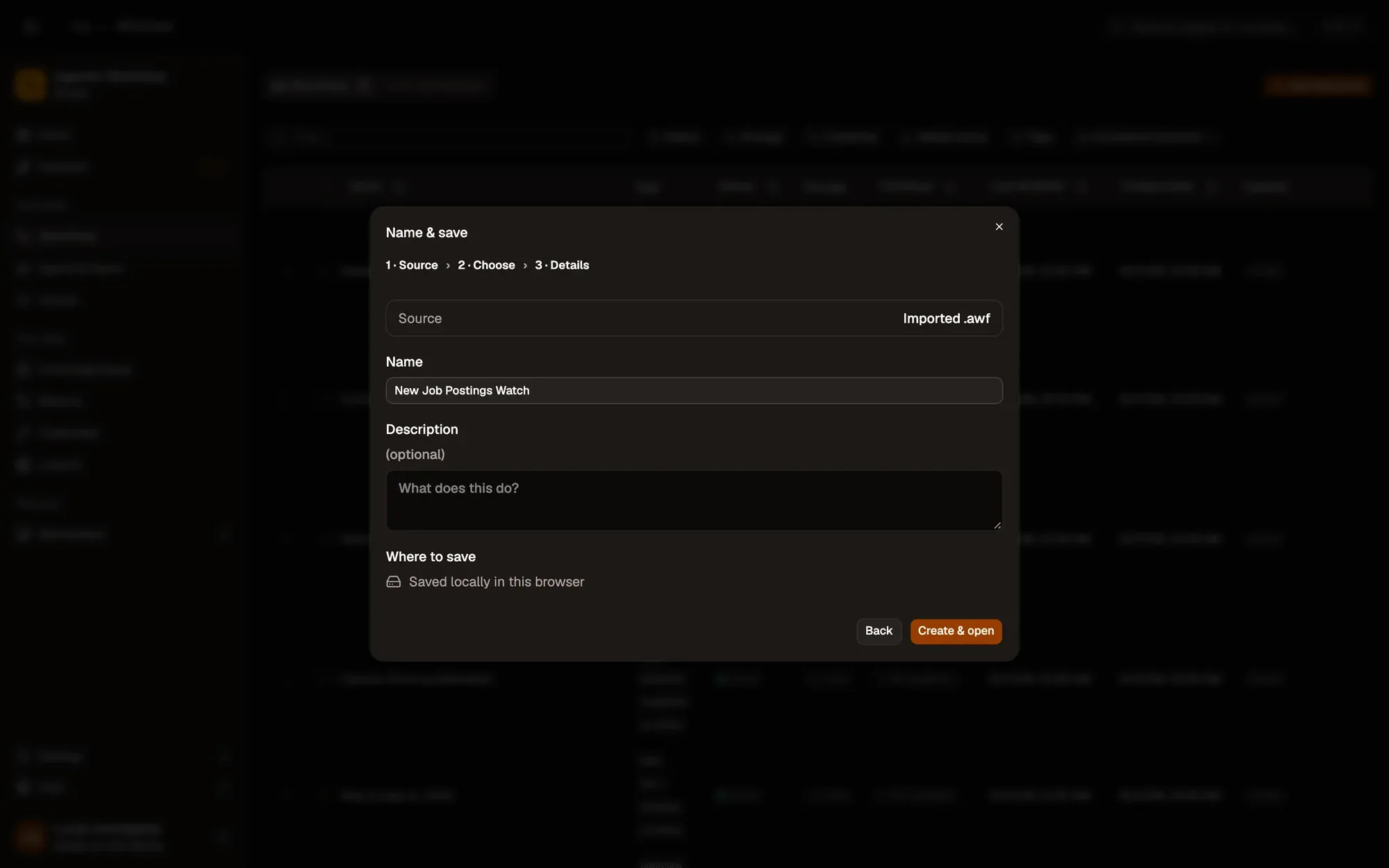 Step 1, close-up of the app: Create & open, outlined.