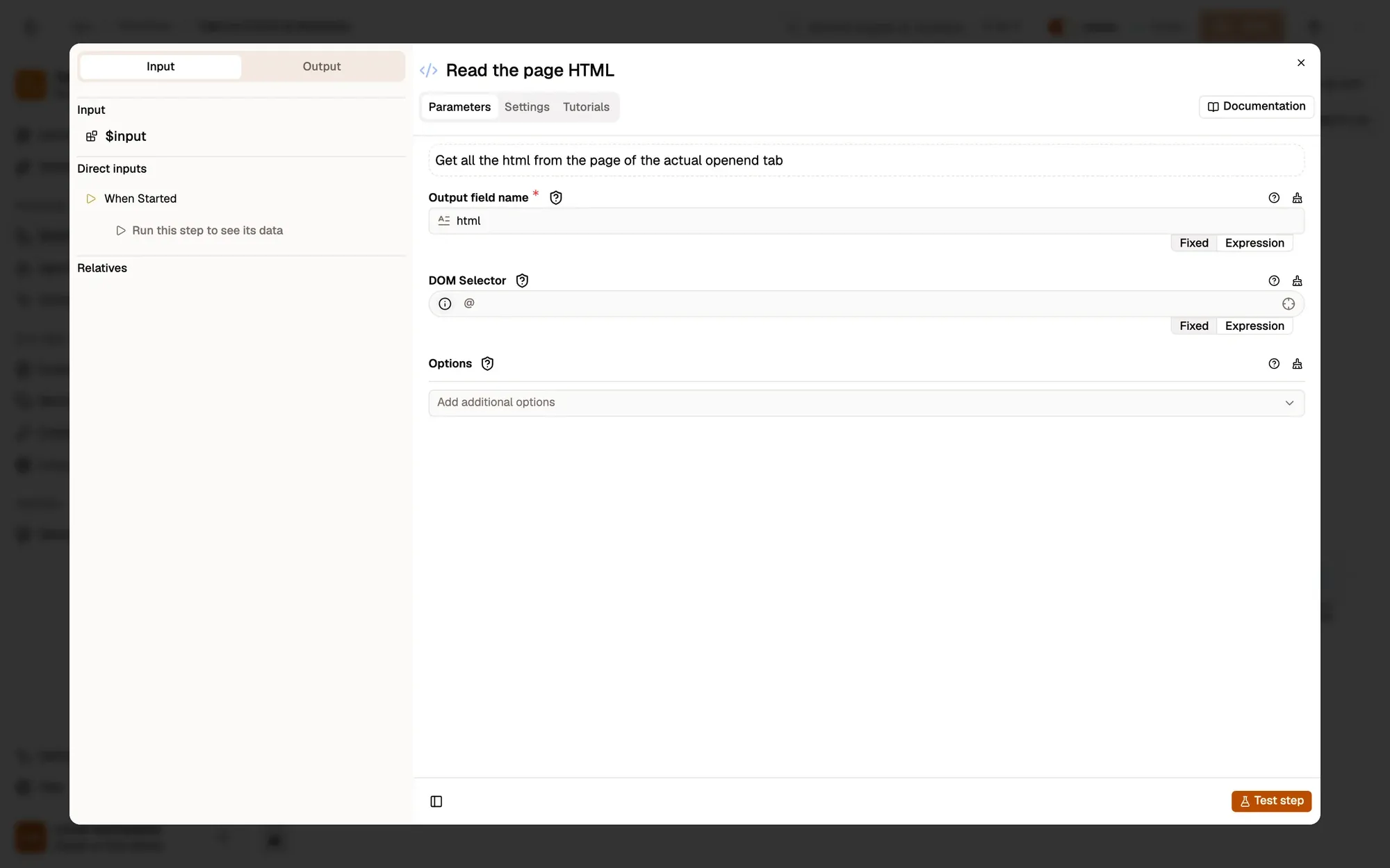 Step 2, close-up of the app: The DOM Selector field, outlined.