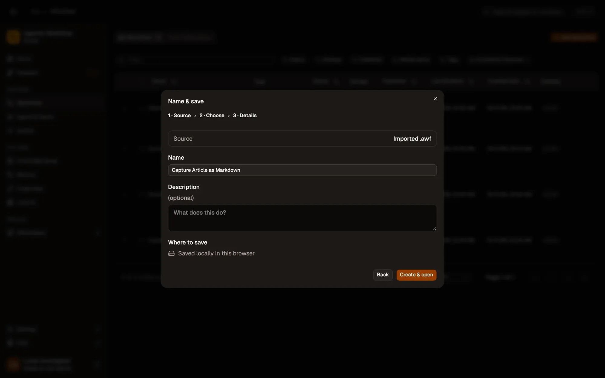Step 1, close-up of the app: Create & open, outlined.