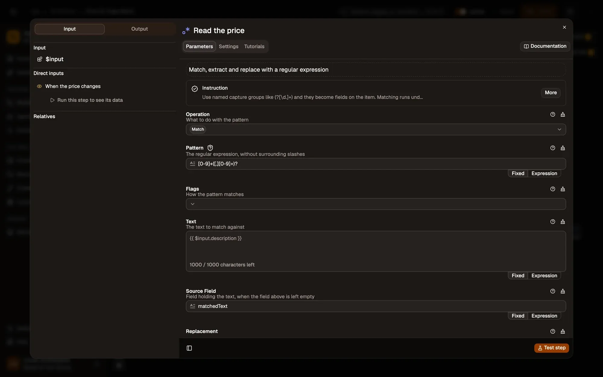 Step 2, close-up of the app: The Pattern field, outlined.