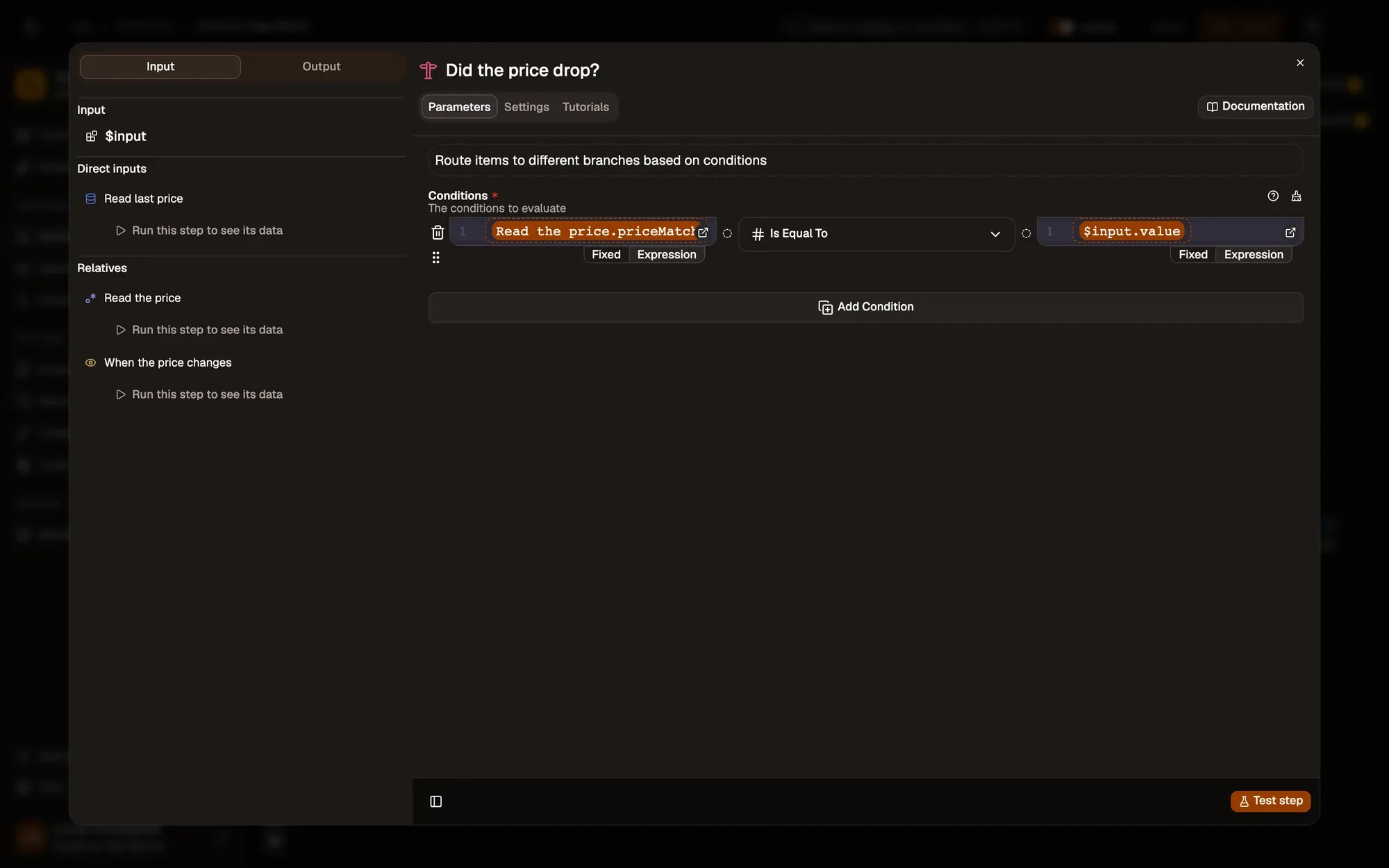 Step 4, close-up of the app: The condition, outlined.