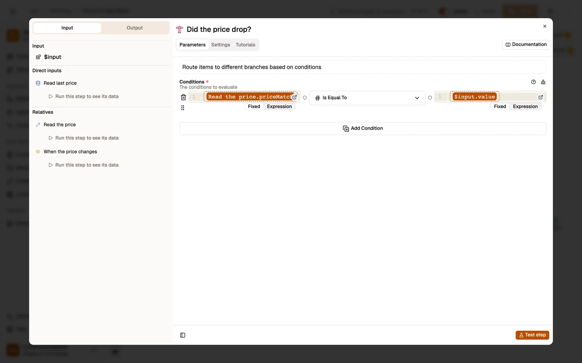 Step 4, close-up of the app: The condition, outlined.