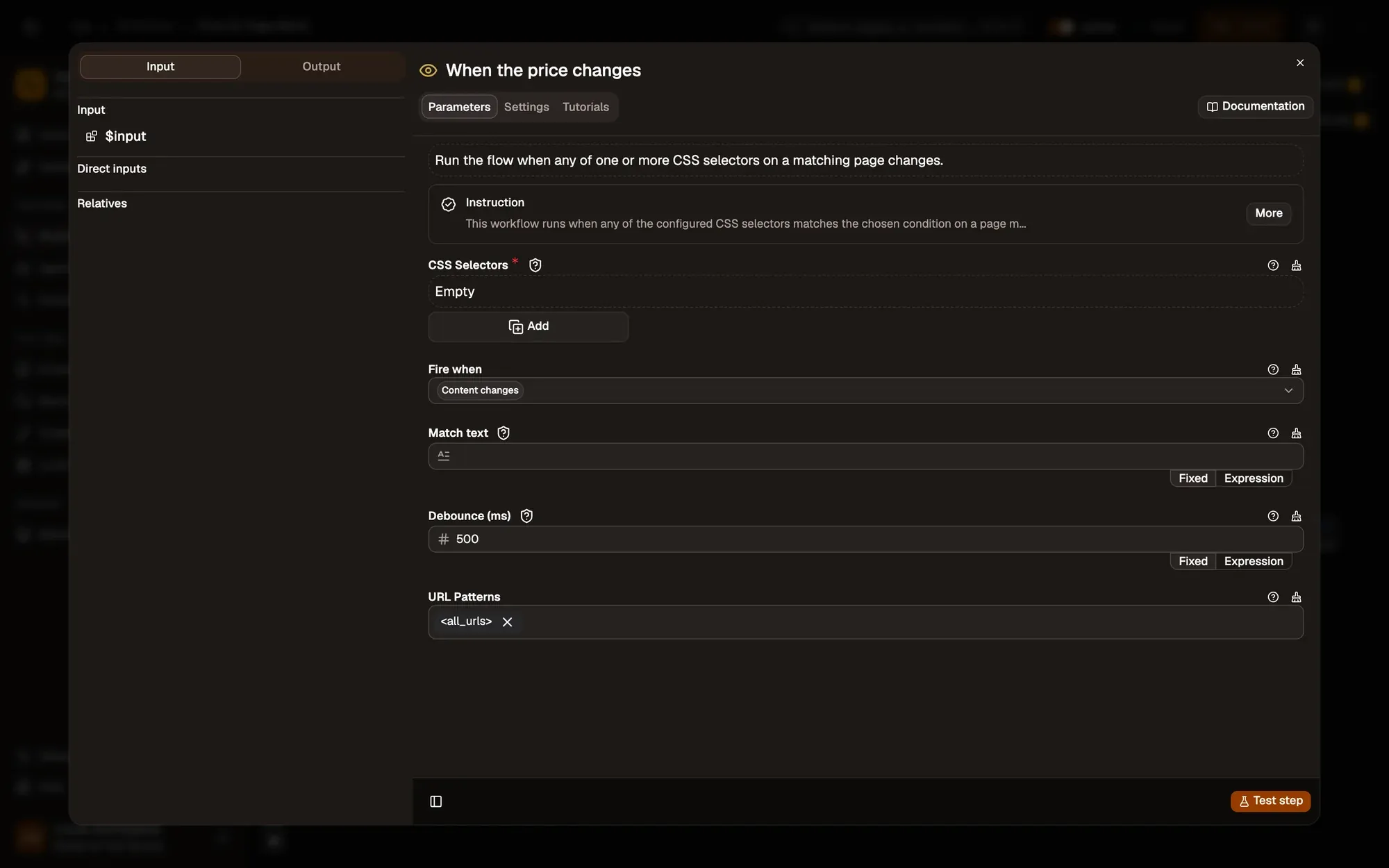 Step 1, close-up of the app: The CSS Selectors list, outlined.
