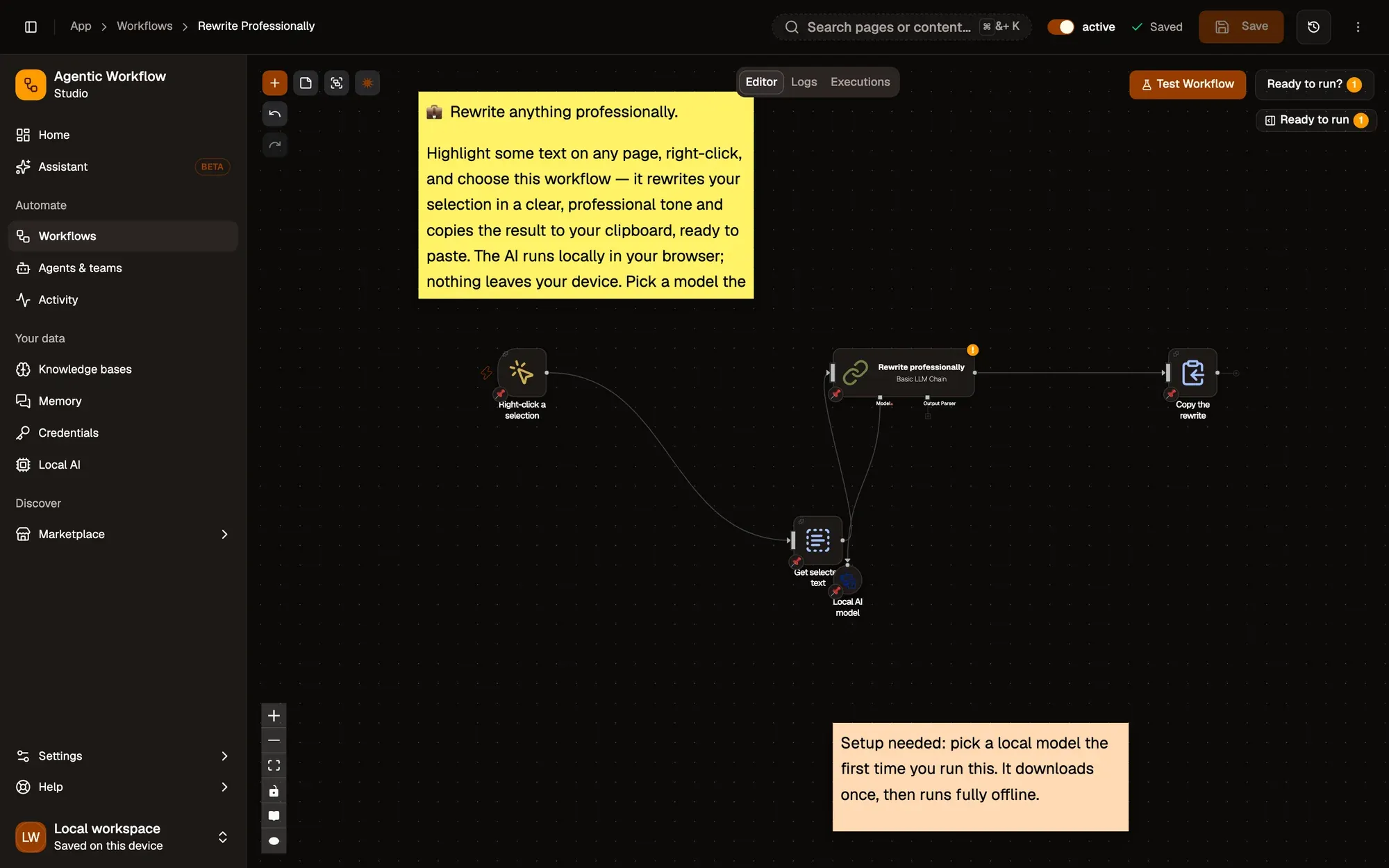 Step 2, close-up of the app: Get selected text, outlined.