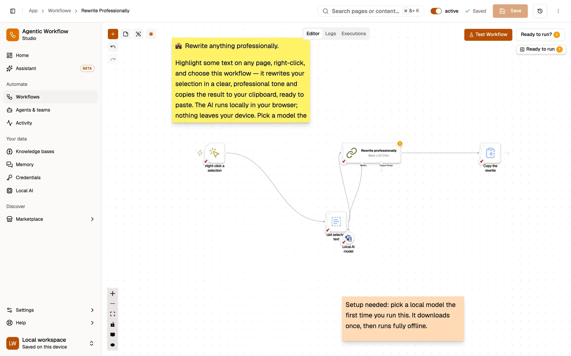 Step 2, close-up of the app: Get selected text, outlined.
