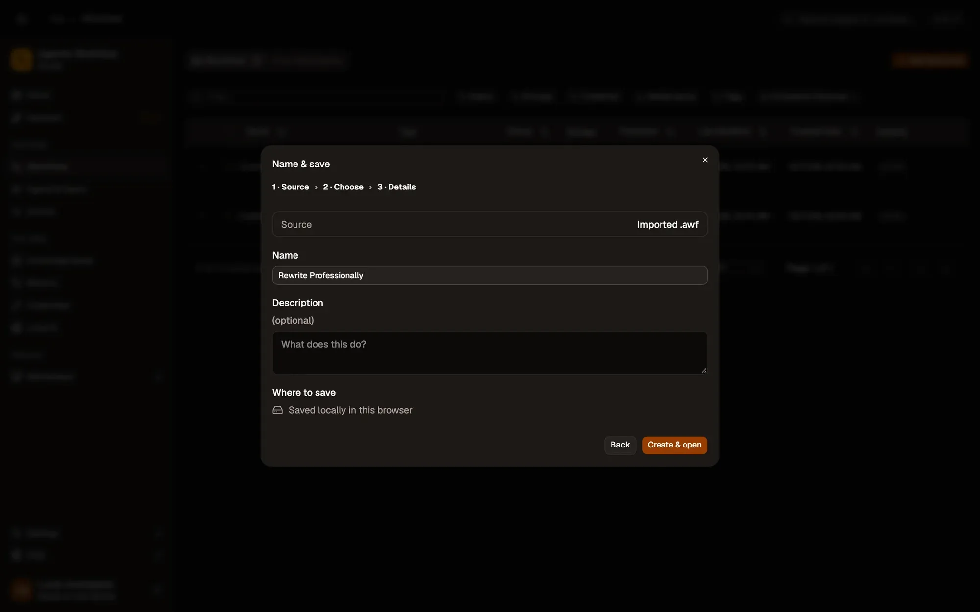 Step 1, close-up of the app: Create & open, outlined.