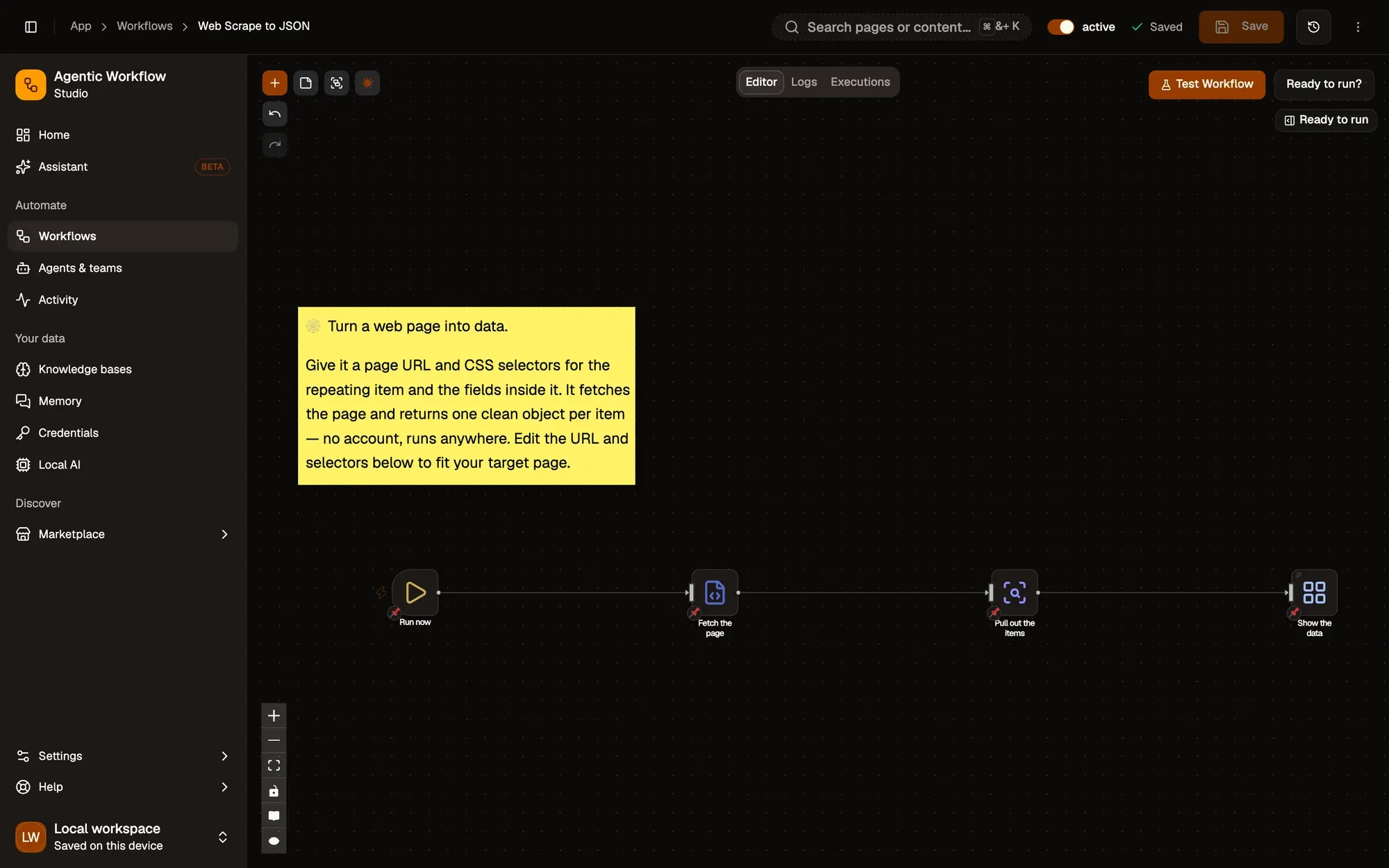 Step 1, close-up of the app: Run now (When Started), outlined.