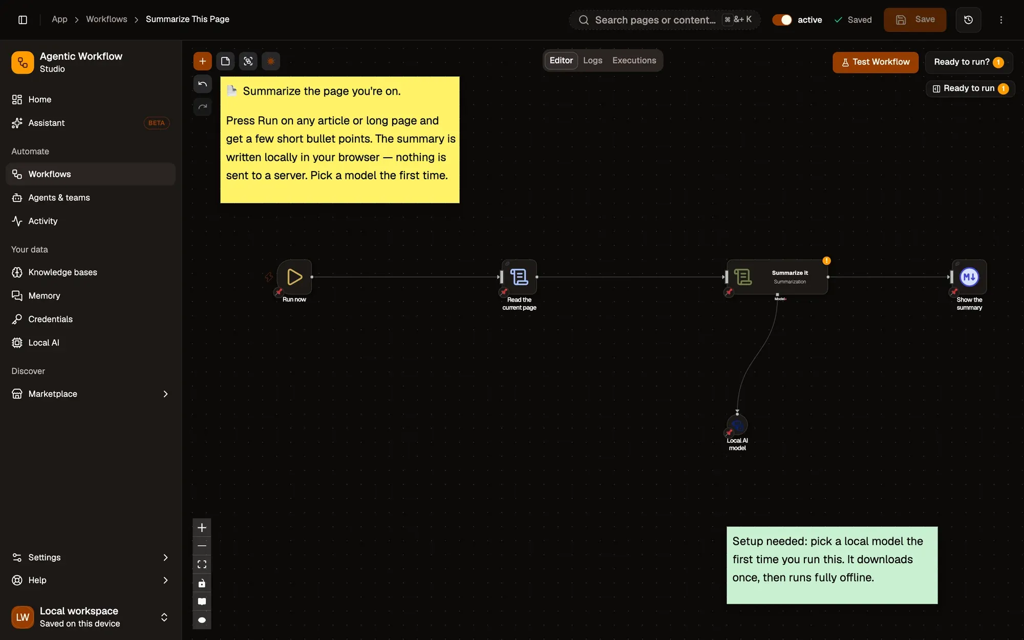Step 1, close-up of the app: Run now (When Started), outlined.