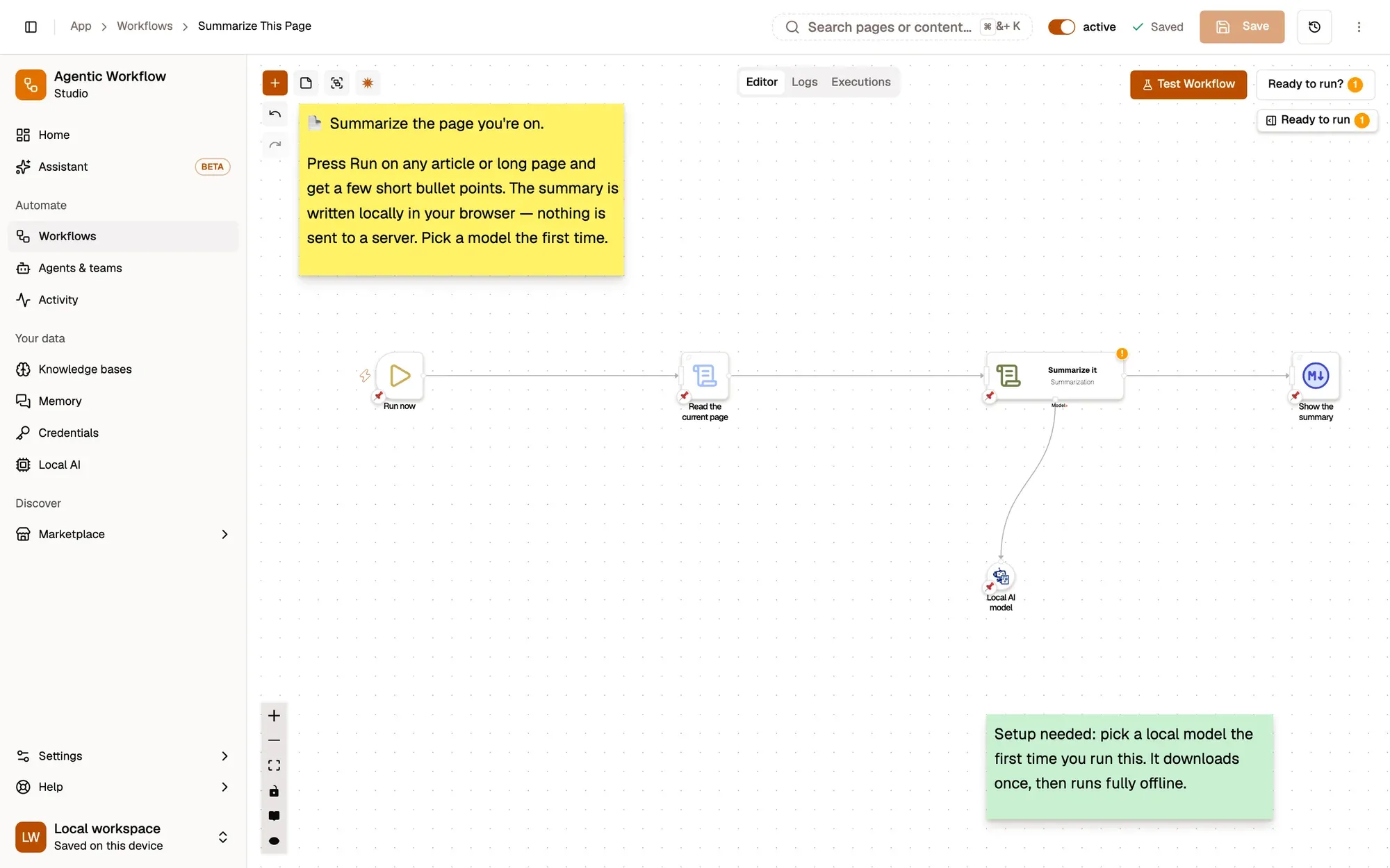 Step 1, close-up of the app: Run now (When Started), outlined.