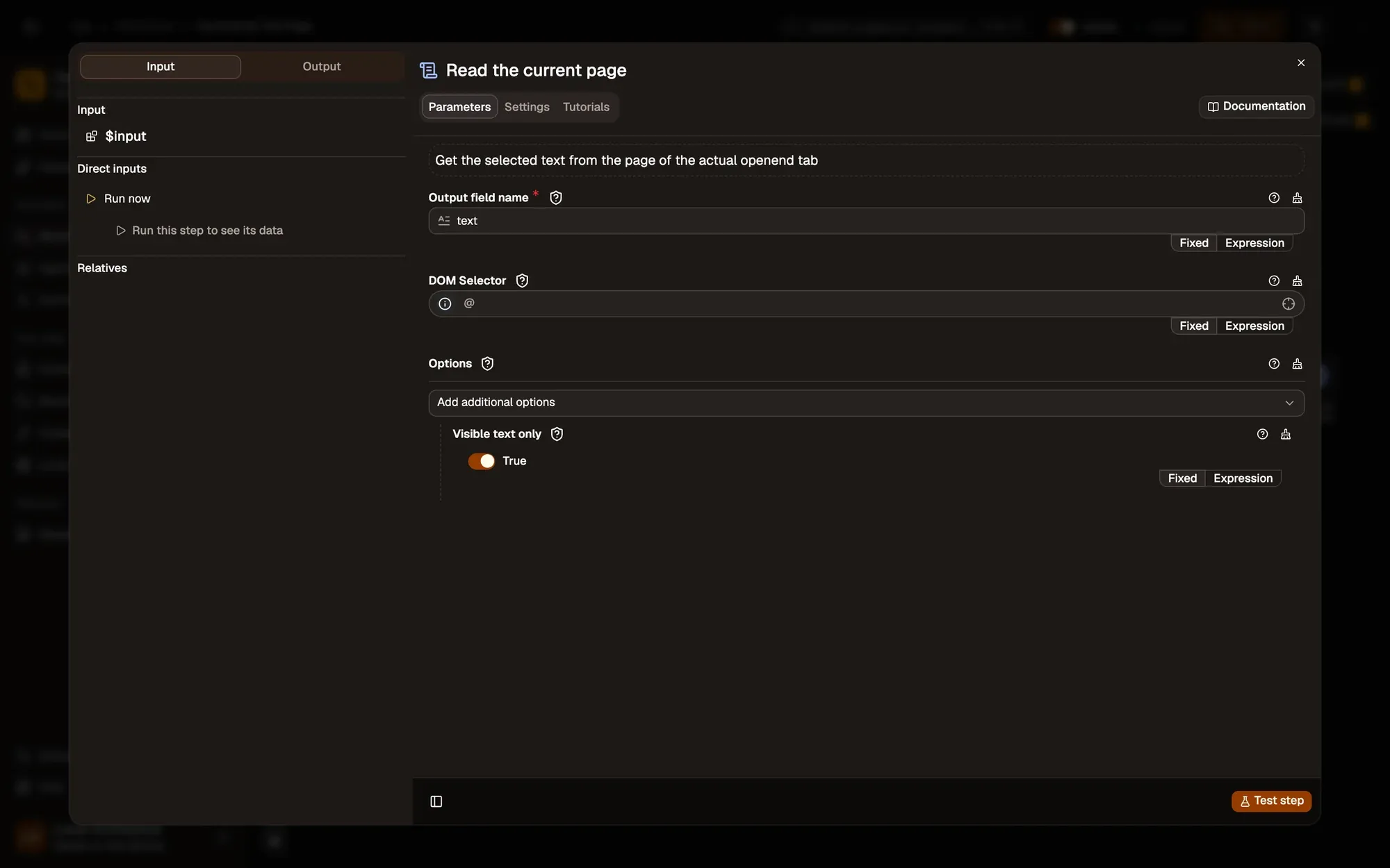 Step 2, close-up of the app: The DOM Selector field, outlined.