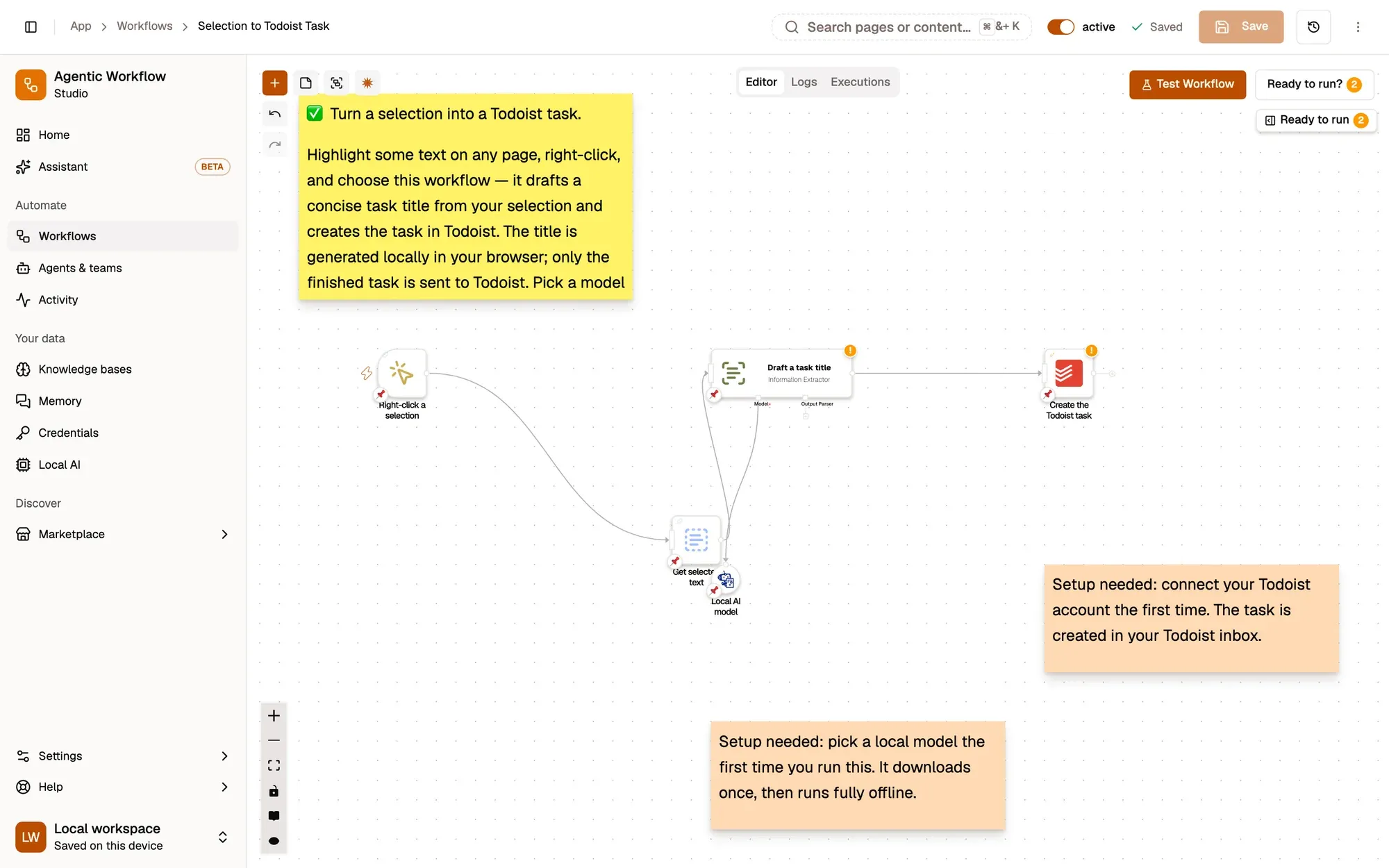 Step 2, close-up of the app: Get selected text, outlined.