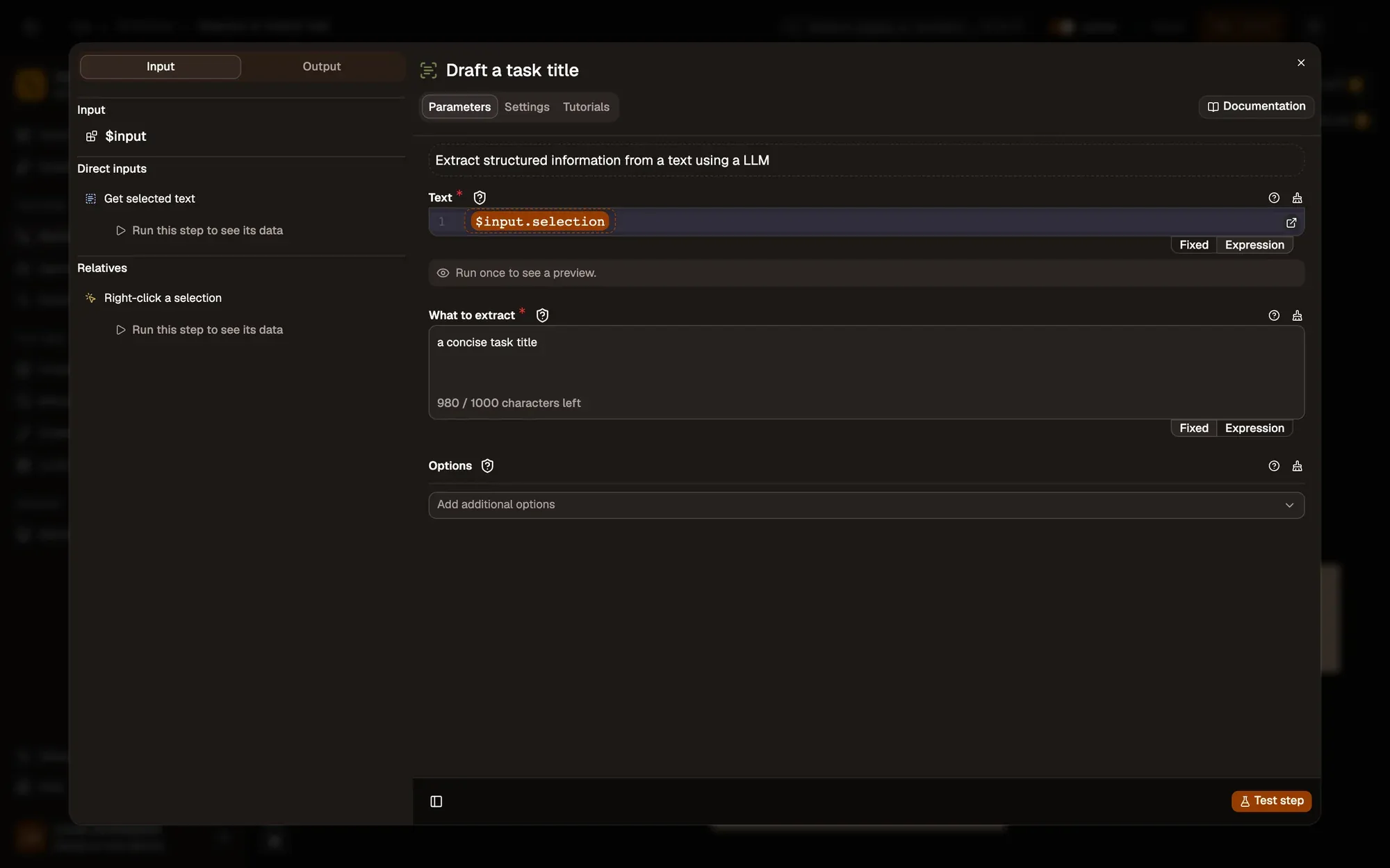 Step 3, close-up of the app: The What to extract field, outlined.
