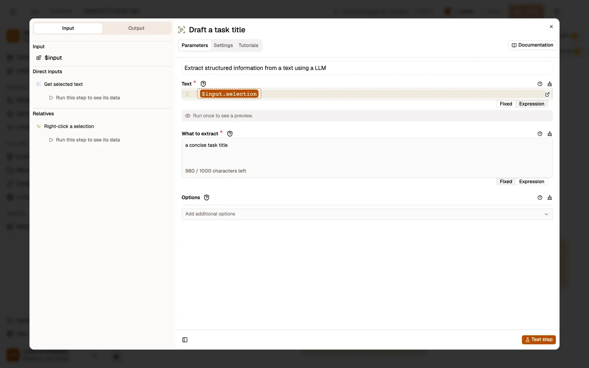 Step 3, close-up of the app: The What to extract field, outlined.