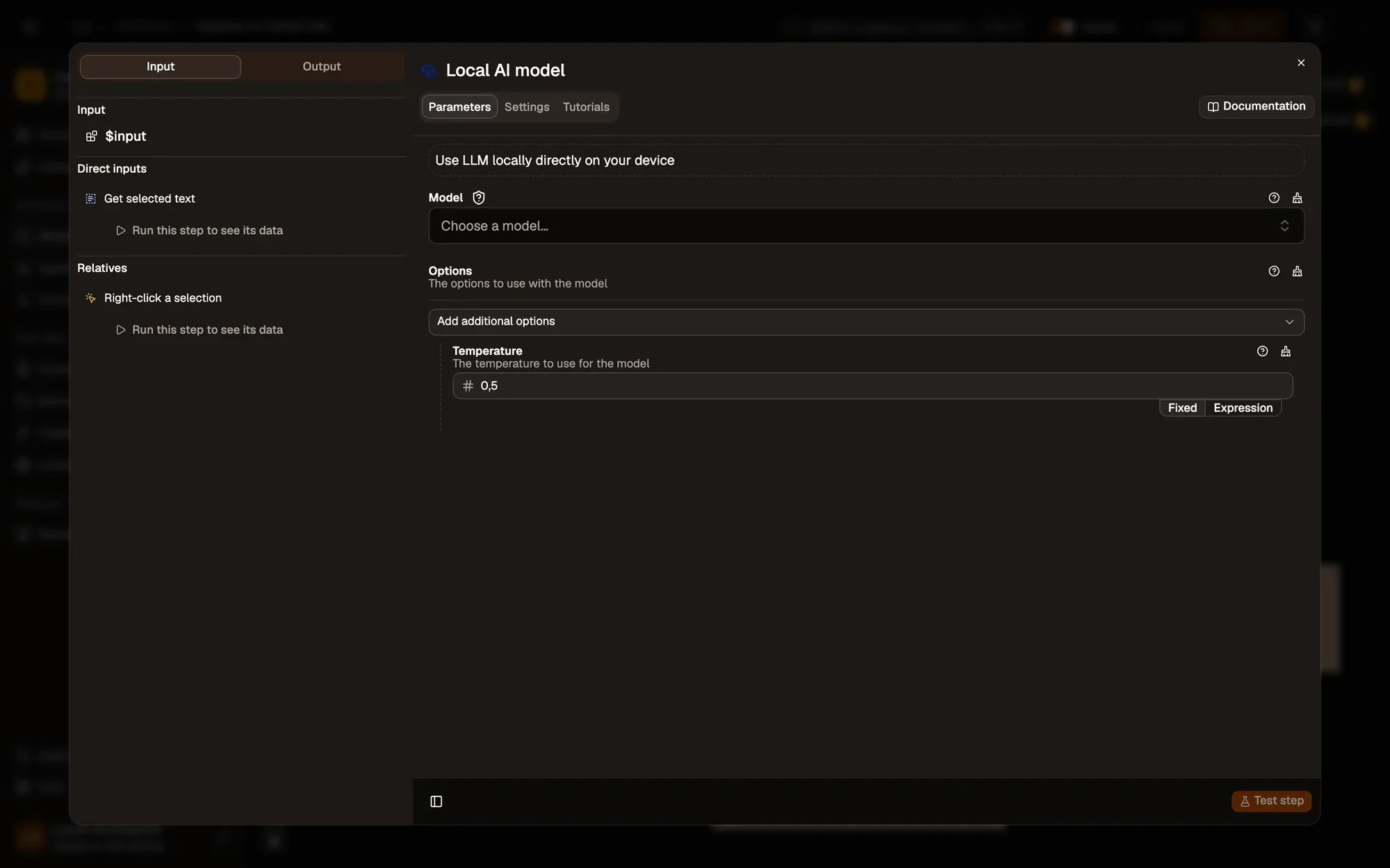 Step 1, close-up of the app: The Model menu, outlined.