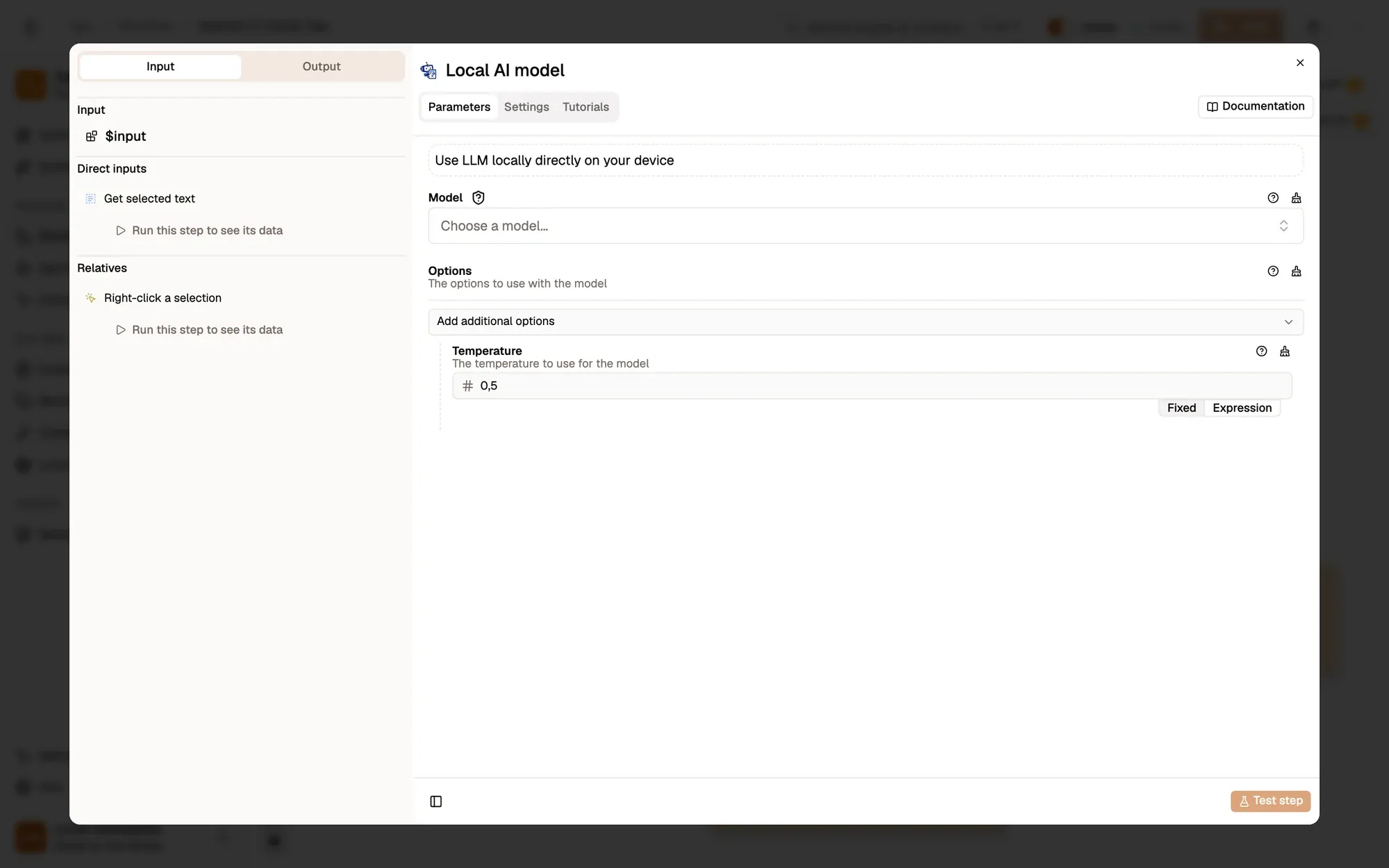 Step 1, close-up of the app: The Model menu, outlined.