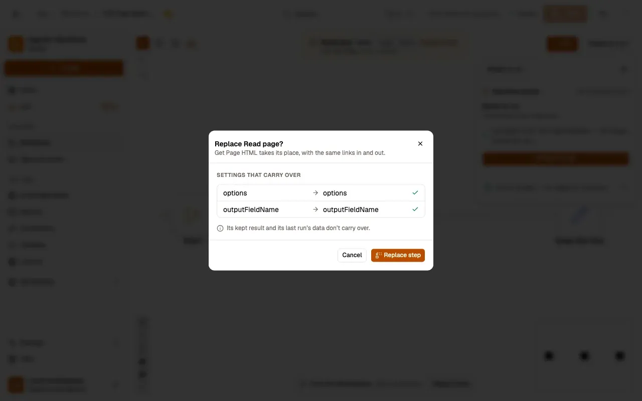 The Replace Read page? dialog: Get Page HTML takes its place, with the same links in and out. Settings that carry over: options and outputFieldName. Its kept result and its last run’s data don’t carry over. Cancel and Replace step.