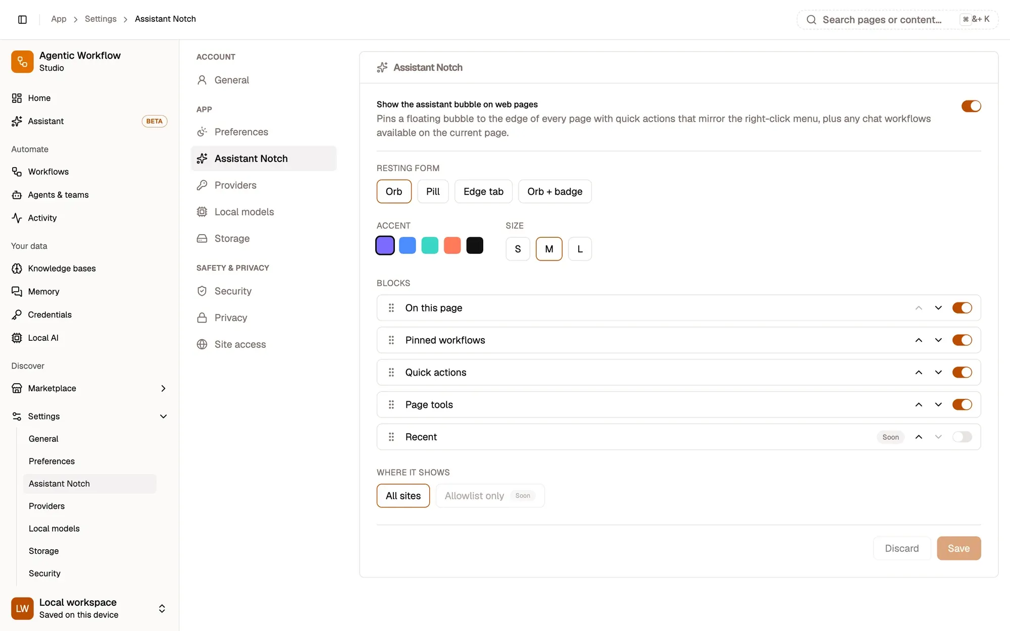 Settings, Assistant Notch, with Show the assistant bubble on web pages switched on: Resting form (Orb, Pill, Edge tab, Orb + badge), Accent colours, Size S, M or L, the Blocks list (On this page, Pinned workflows, Quick actions, Page tools, and Recent marked Soon) with move and on/off controls, Where it shows (All sites; Allowlist only marked Soon), and Discard and Save buttons.