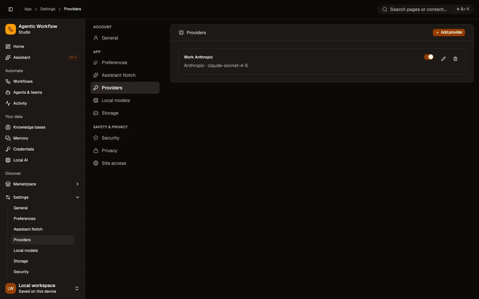 Step 1, close-up of the app: Add provider, outlined.