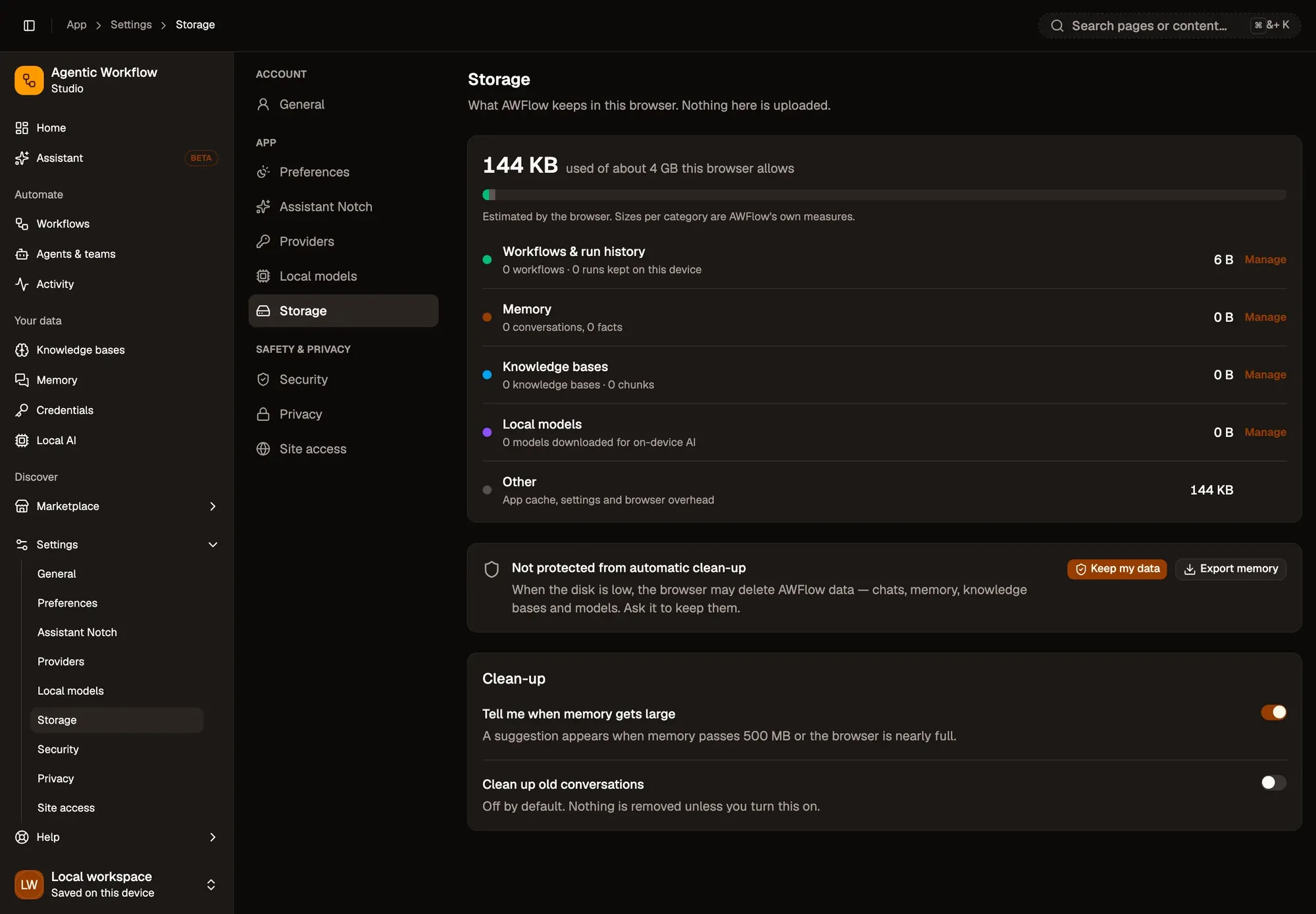 Settings, Storage, in a local workspace: the space used out of what the browser allows, a bar, and the categories Workflows & run history, Memory, Knowledge bases, Local models (each with Manage) and Other; the Not protected from automatic clean-up card with Keep my data and Export memory; and the Clean-up switches Tell me when memory gets large (on) and Clean up old conversations (off).