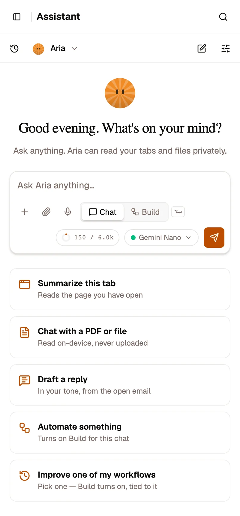 The AWFlow app at side-panel width (400 px) on the Assistant page: a compact header with the sidebar button and search, a row with chat history, the Aria agent switcher, new chat and chat settings, the greeting, the message box with Chat and Build modes, context meter and model picker, and suggestion cards stacked in one column.