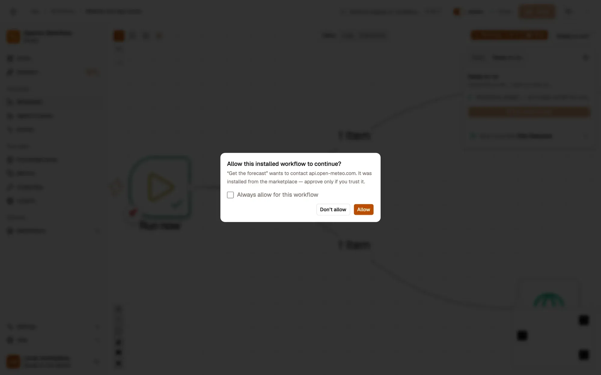 Step 2, close-up of the app: Always allow for this workflow, outlined.
