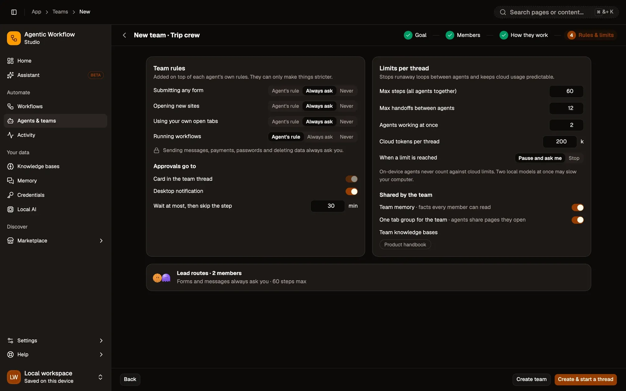 Step 4, close-up of the app: Create team, outlined.