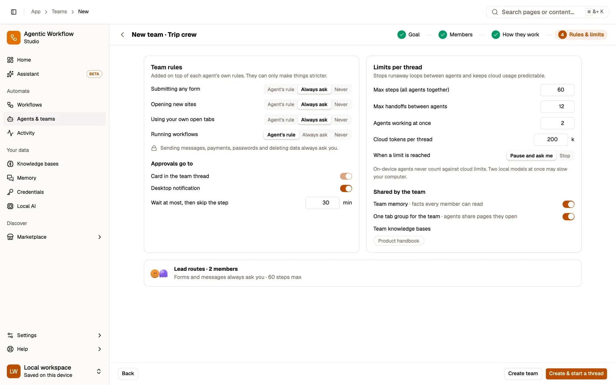 Step 4, close-up of the app: Create team, outlined.