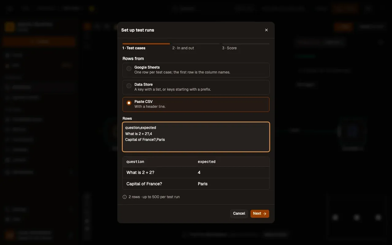 Step 1, close-up of the app: Rows from: Paste CSV, outlined.