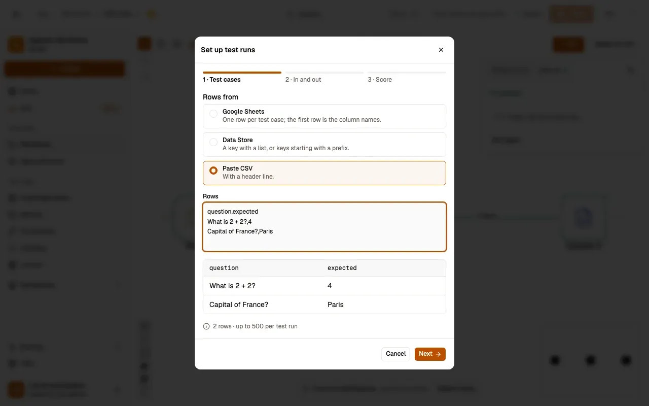 Step 1, close-up of the app: Rows from: Paste CSV, outlined.