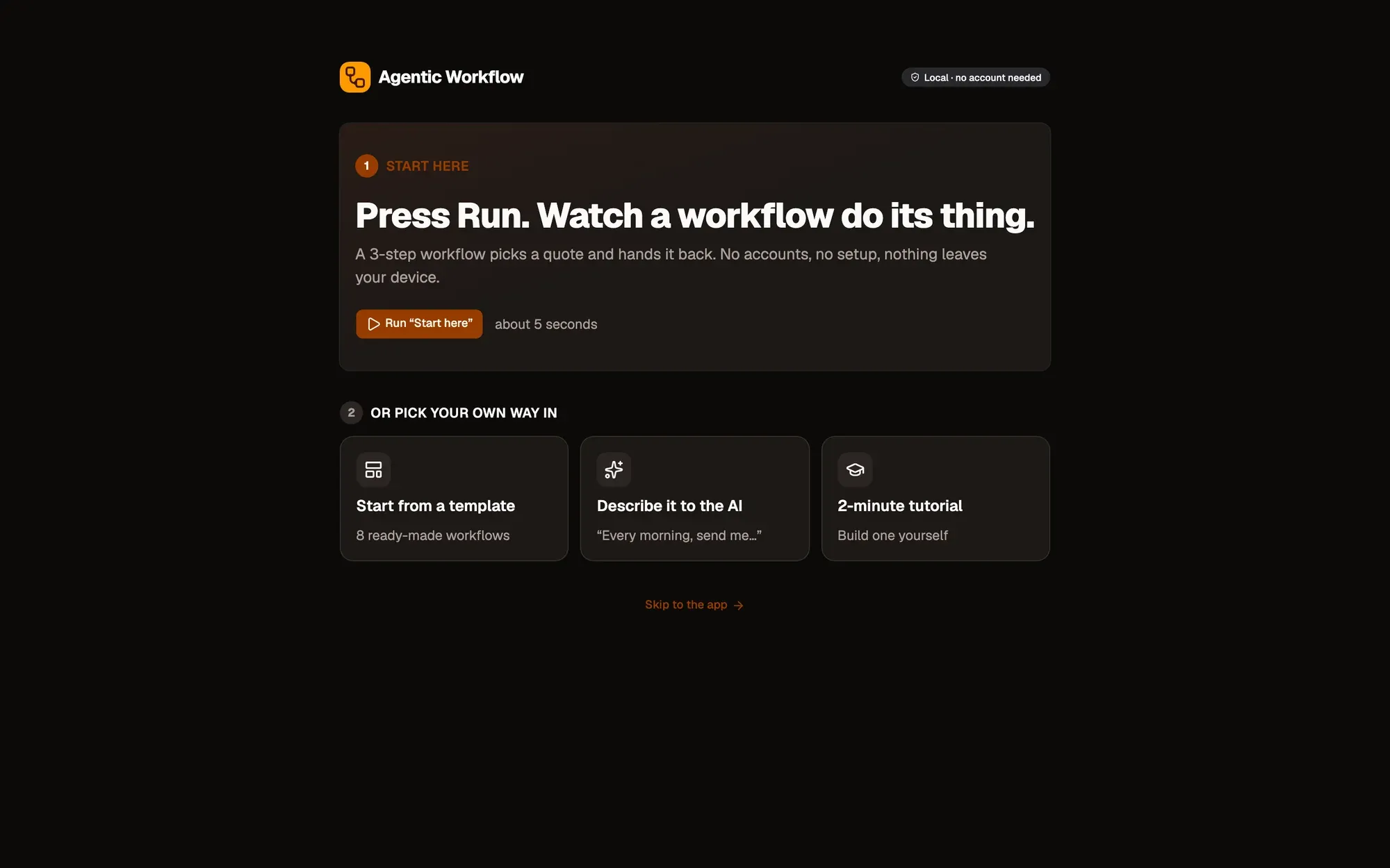 Step 3, close-up of the app: Run “Start here”, outlined.