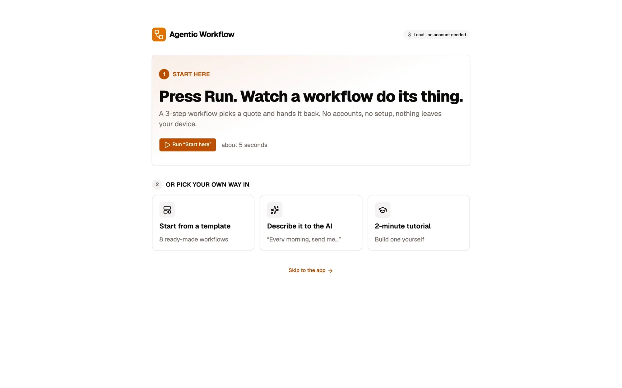 Step 3, close-up of the app: Run “Start here”, outlined.