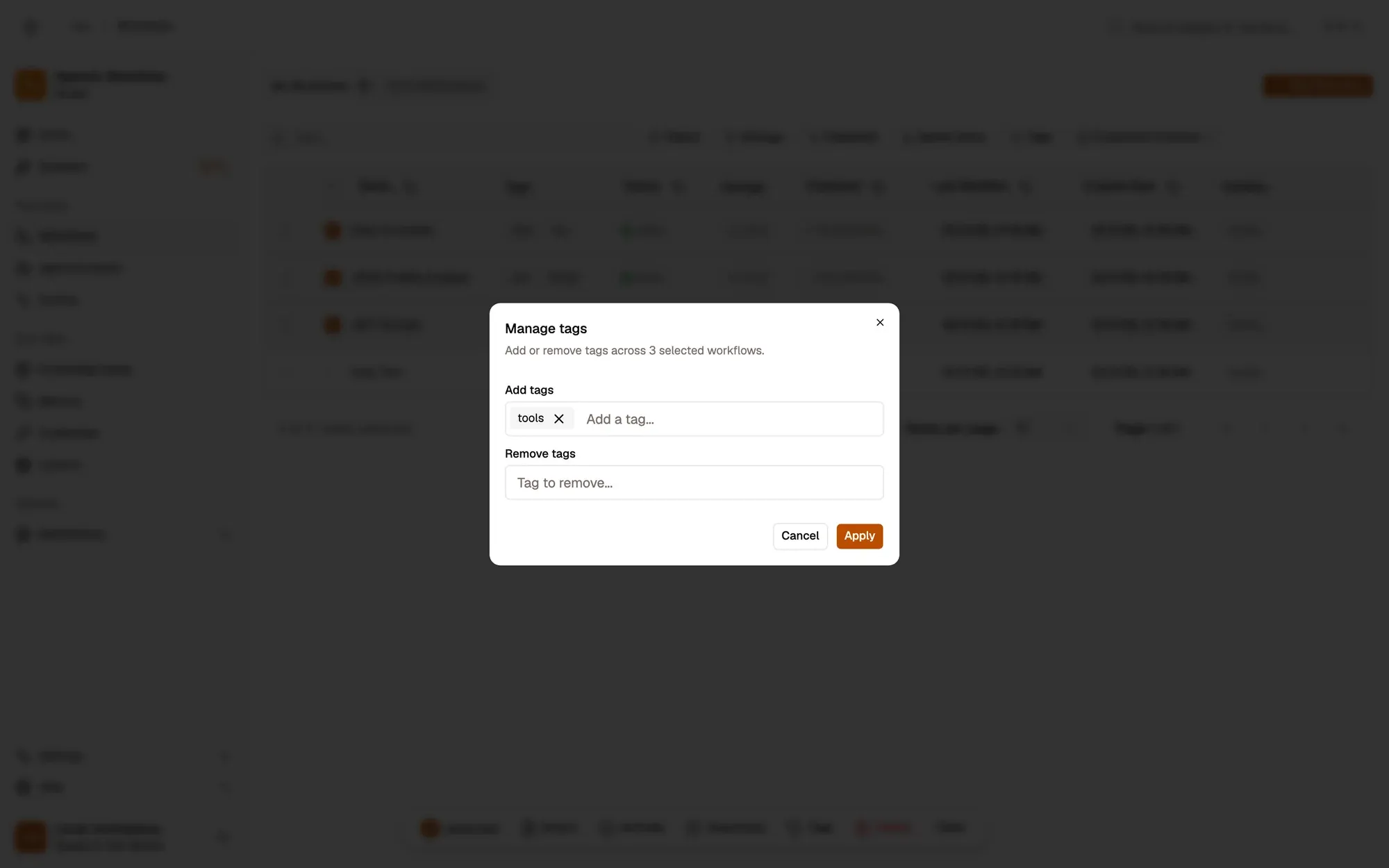 The Manage tags dialog opened from the bulk-action toolbar for 3 selected workflows: an Add tags field holding the tag tools, an empty Remove tags field, and Cancel and Apply buttons.