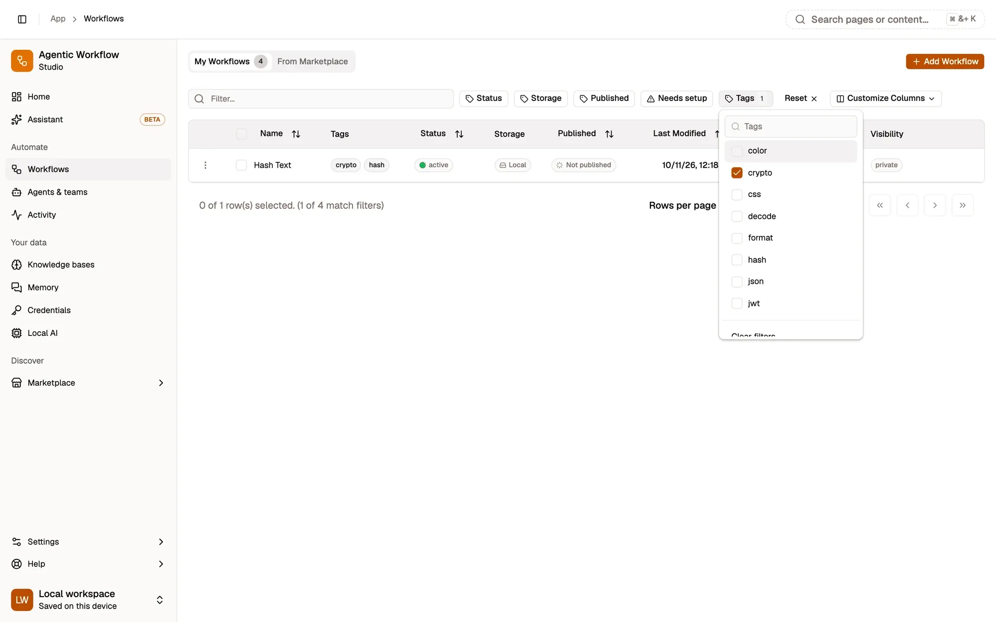 The Workflows page with the Tags filter open: crypto is ticked, so the Tags button shows 1, a Reset button has appeared next to the filters, and the list shows only Hash Text (1 of 4 match filters).
